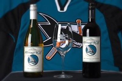 FINtage 408 bottles with a San Jose Sharks etched glass and jersey
