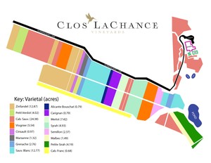 Clos LaChance property varietal map color coded with legend